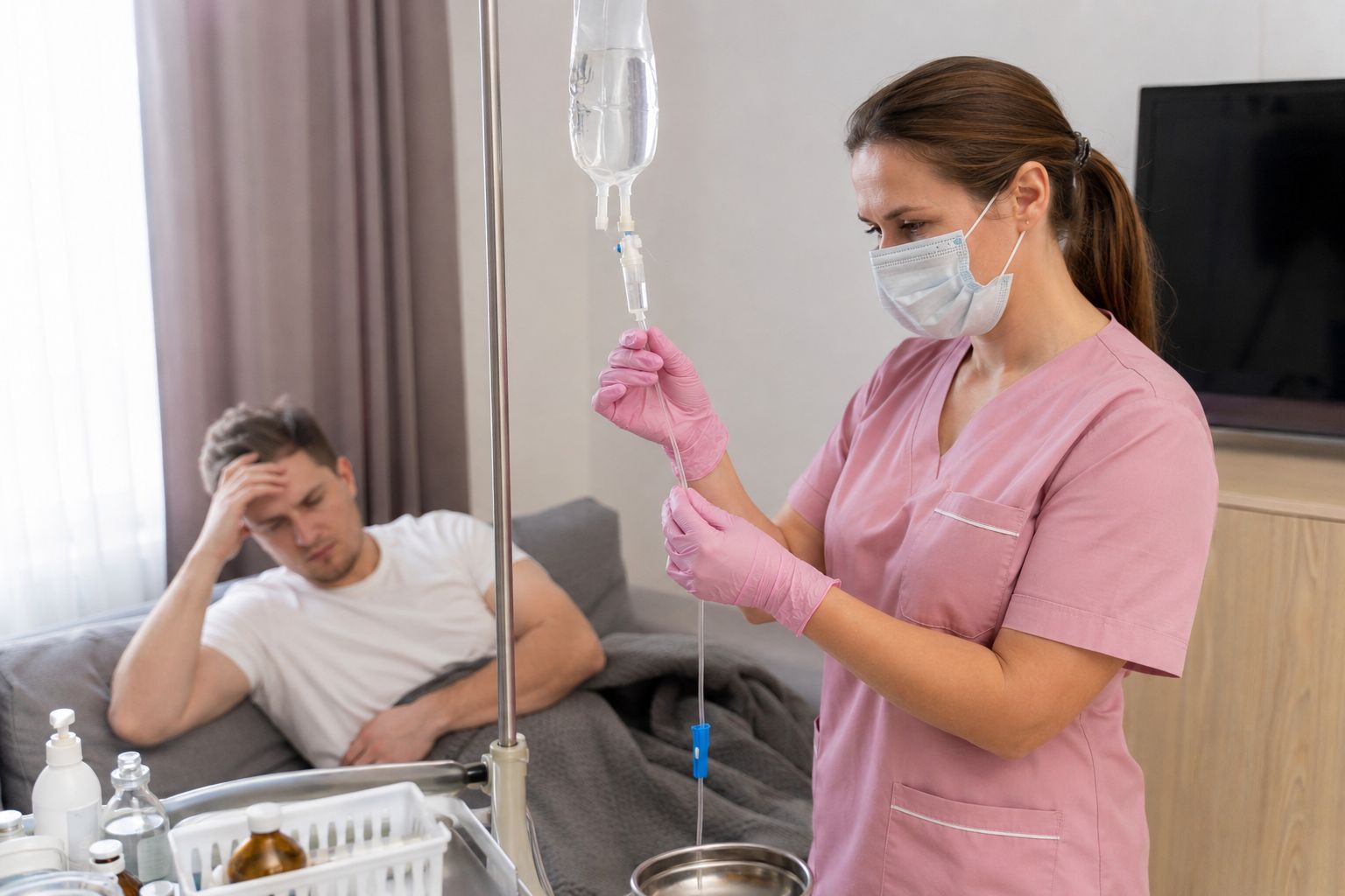 Пациент получает капельницу от похмелья